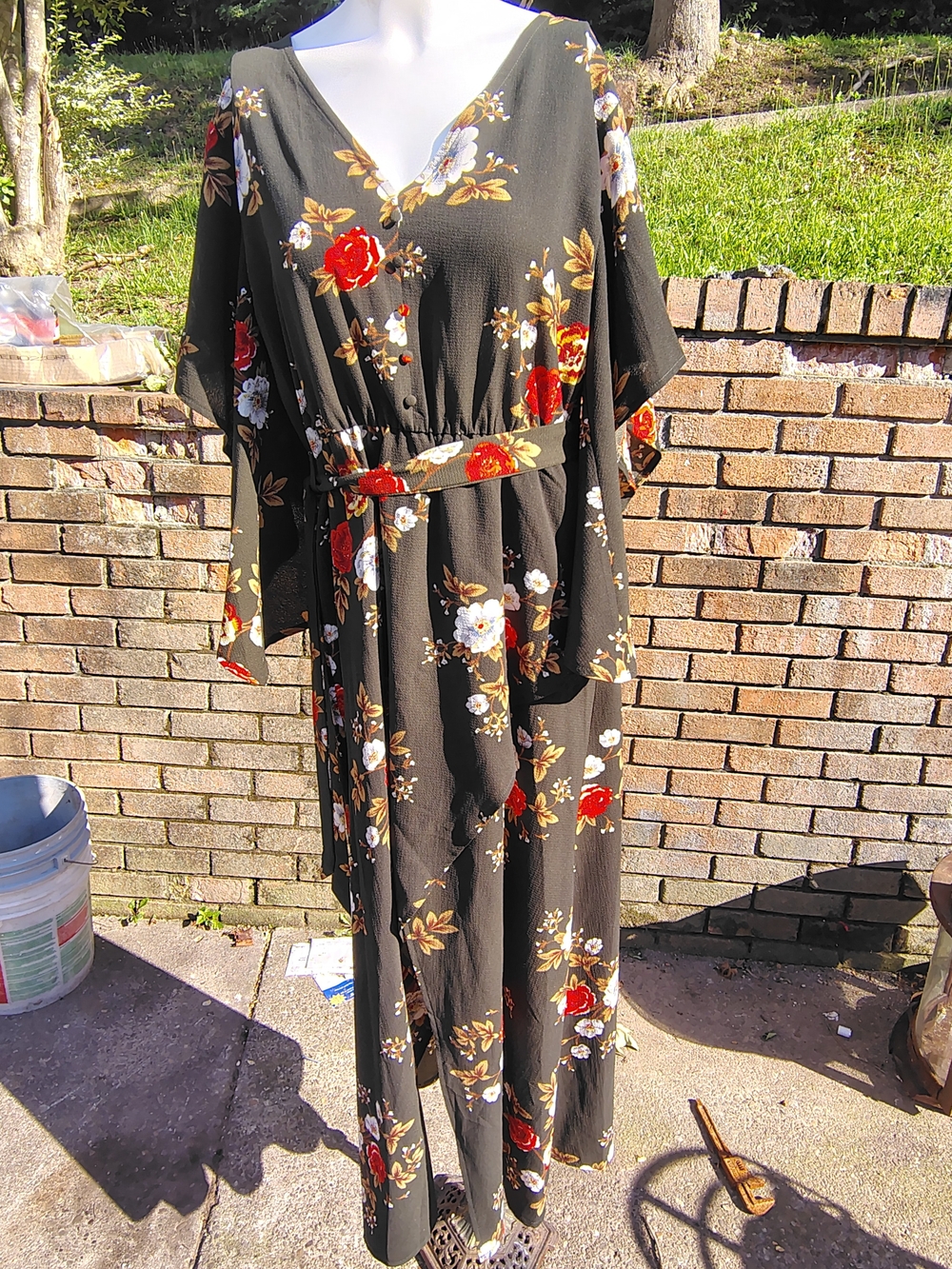 Simple Olive Maxi Dress with Red & White Floral Print